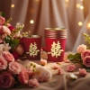 Red Double Happiness disposable paper cups, thickened and heat-resistant for wedding banquets, 100 pieces each details Picture